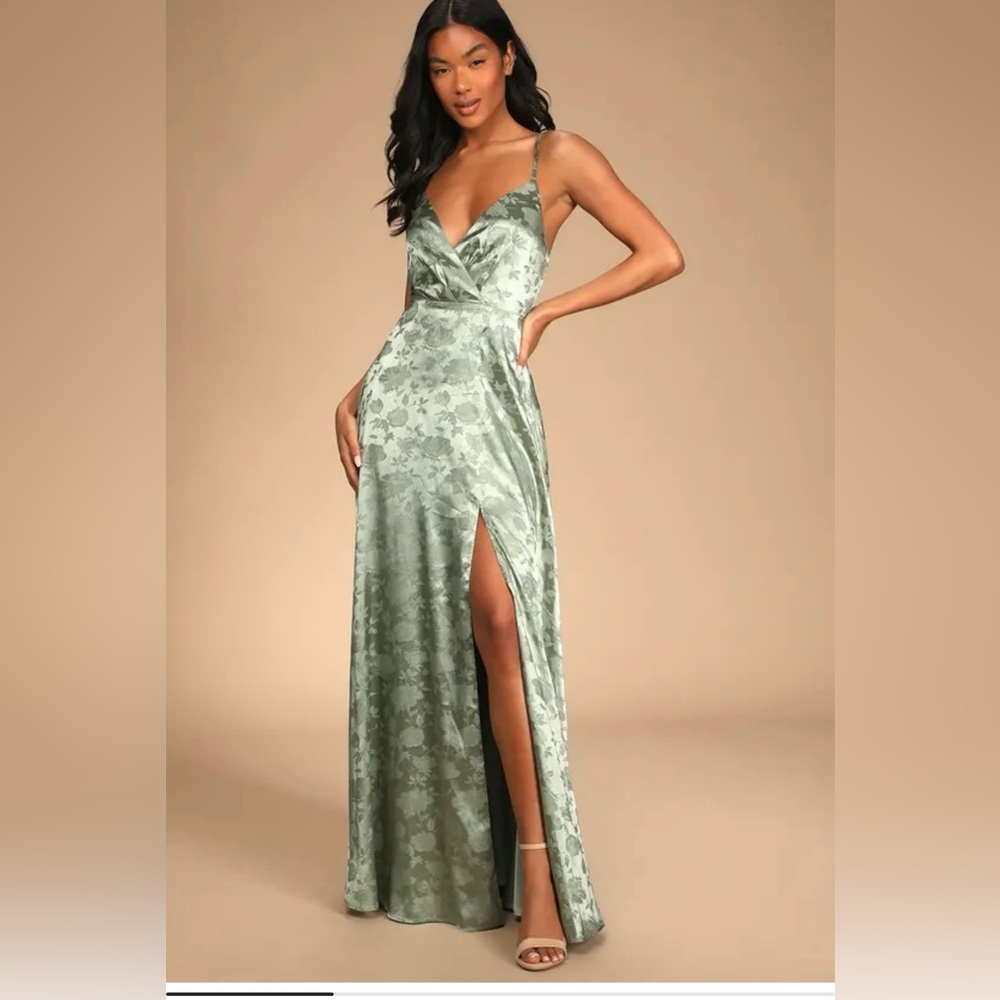 Lulus Forever Exquisite Sage Green Satin Surplice Maxi Dress - Bridesmaid NWT